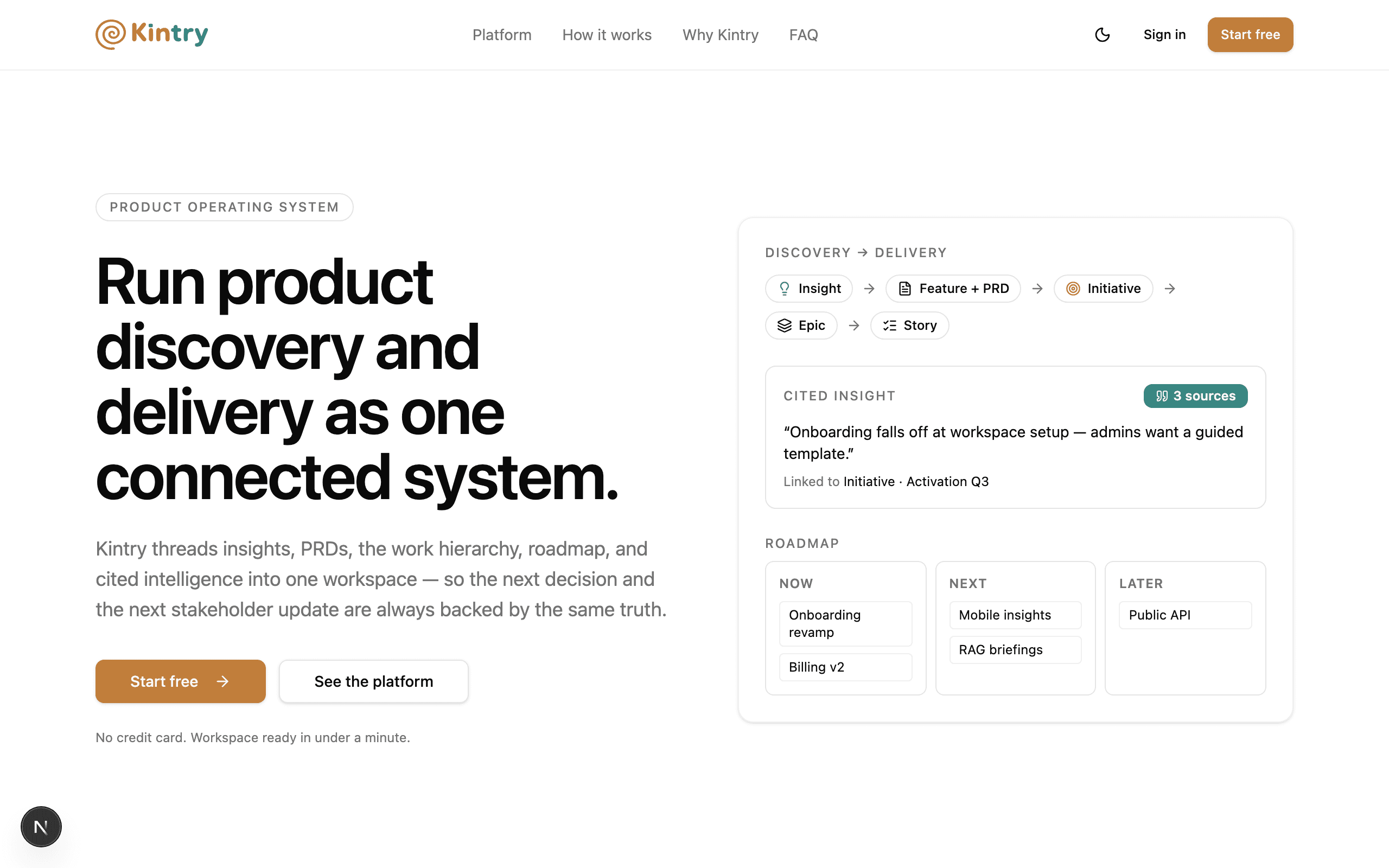 Kintry homepage: run product discovery and delivery as one connected system.